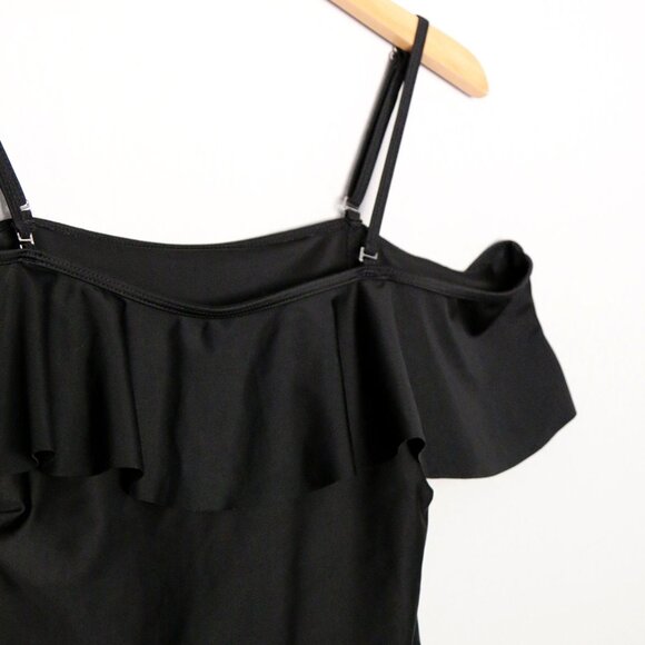 Black Off The Shoulder or Strapless Ruffle One Piece Swimsuit S Padded Modest - Picture 6 of 11